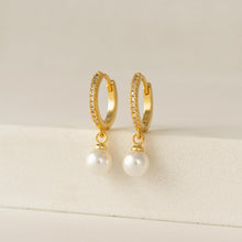 Load image into Gallery viewer, CZ Amari Pearl Huggie Hoop Earrings