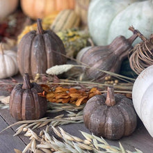 Load image into Gallery viewer, Wide Wood Carved Brown Pumpkin