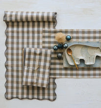 Load image into Gallery viewer, Beige &amp; Grey Gingham Scalloped Table Runner